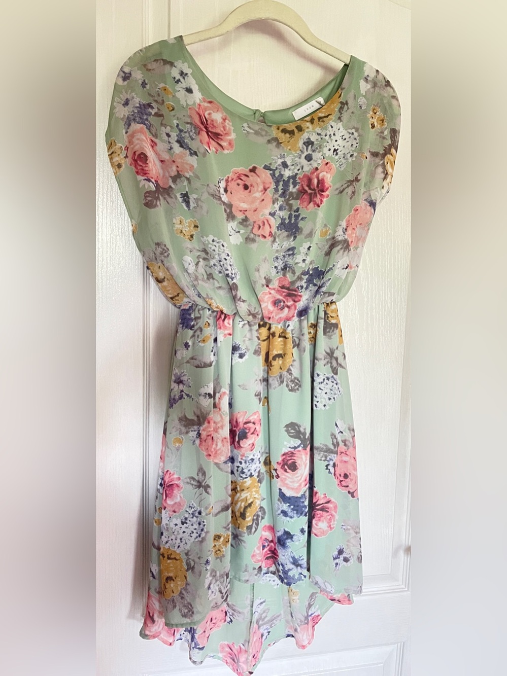 Lush Mint Green Floral Dress with Pink and Yellow Blooms